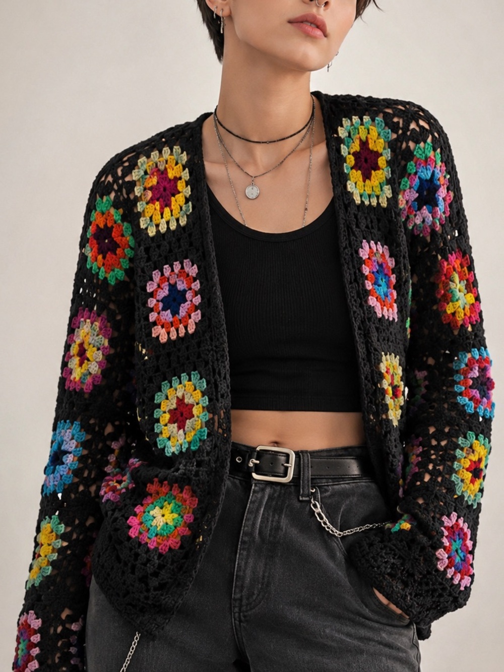 Granny Square Open Cardigan Crochet Sweater - Floral Sz. SM – Wild Fable 🖤✨